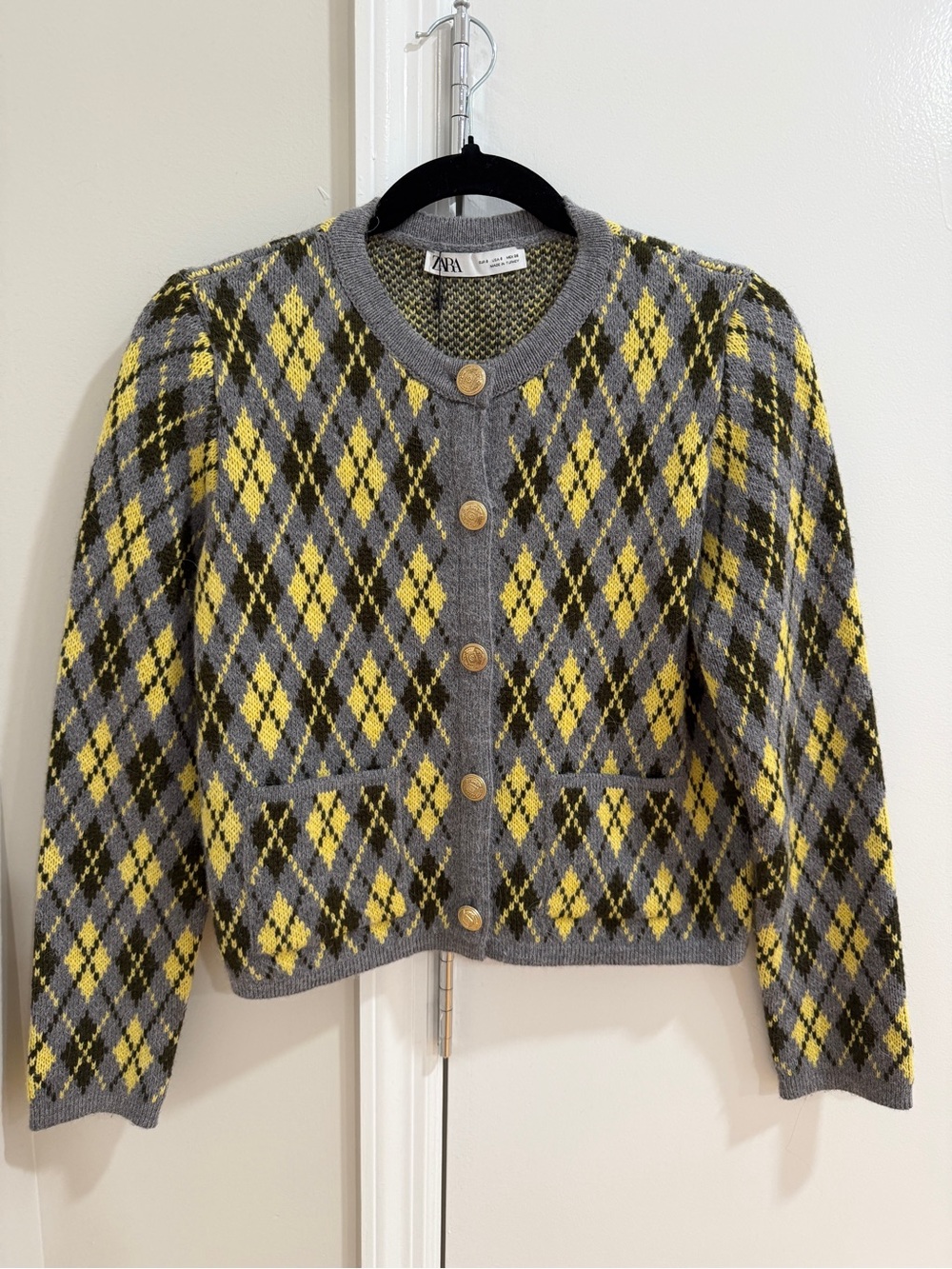 Zara Grey & Yellow Argyle Knit Cardigan